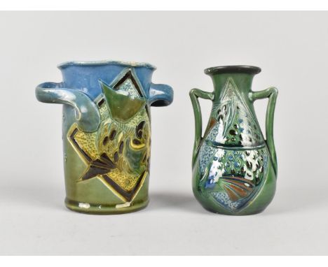 Two Brannam Pottery Vases, Both in Similar Glazes with Fish Decoration, 10cm high