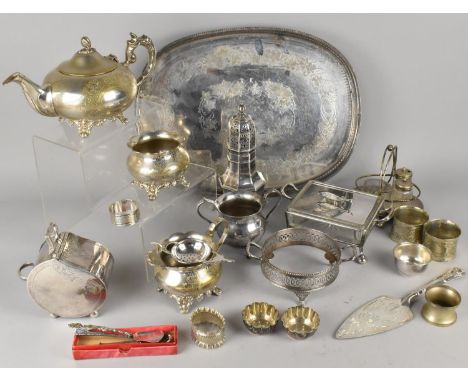 A Collection of Various Silver Silver Plate to Comprise Galleried Tray, Three Piece Tea Service, Sugar Scuttle, Sardine Dish 