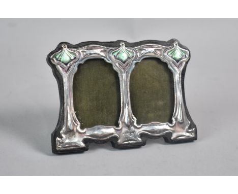 A Small Reproduction Silver and Enamel Art Nouveau Double Easel Back Photo Frame, 11x8cm high