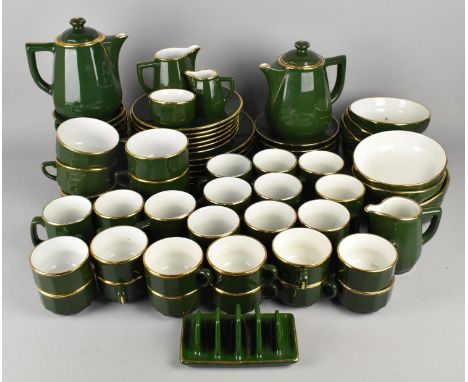 A Large French Apilco Green and Gilt Trim Service to Comprise Plates, Cups, Saucers, Teapot, Toast Rack etc