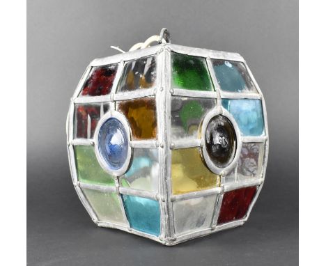 A Mid 20th Century Lead and Coloured Glass Ceiling Hanging Hall Light Fitting, 22cms High