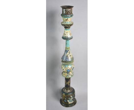 A Tall Kashmiri Type Metal Candlestick/Censer decorated with Birds and Animals, 62cms Tall Approx