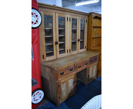 A Vintage Pine Kitchen Dresser with Three Drawers Over Two Cupboard Base, raised Glazed Shelved Housekeepers Unit, 153cms Wid