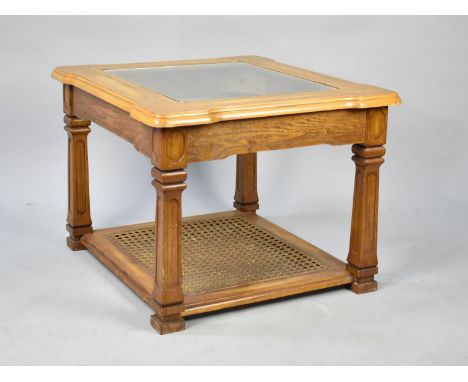 A Late 20th Century Glass Topped Coffee Table with Caned Stretcher Shelf, 66cms Square