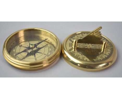 A Reproduction Brass Combination Compass and Sundial, "The Gilbert Sundial" with Hinged Time Reader Gnomon, 7.5cms Diameter