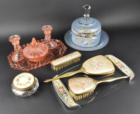 A Collection of Mid 20th Century Dressing Table Items to Comprise Four Piece Pink Set, Tapestry Mounted Examples etc Together