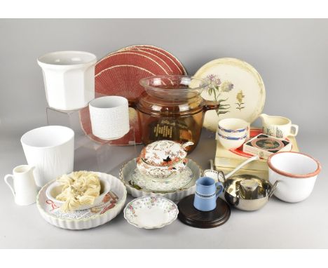 A Collection of Various Sundries to Comprise Kitchenalia, Place Mats, Royal Worcester Evesham Flan Dish, Planters, Wooden Ski