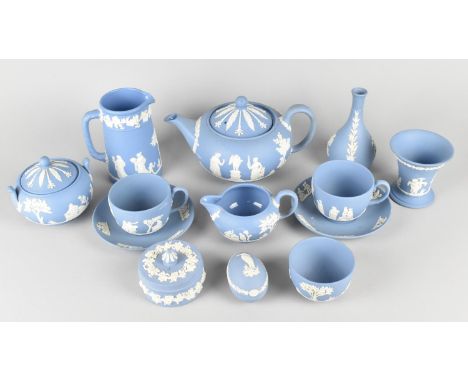 A Collection of Wedgwood Jasperware to Comprise Teapot (Chip to Spout), Two Cups and Saucers, Jugs, Lidded Sugar, Lidded Pots