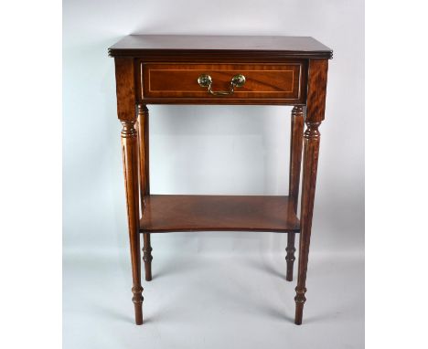 A Reproduction Mahogany Side Table with String Inlay, Single Top Drawer and Stretcher Shelf, Tarping Turned Reeded Supports, 