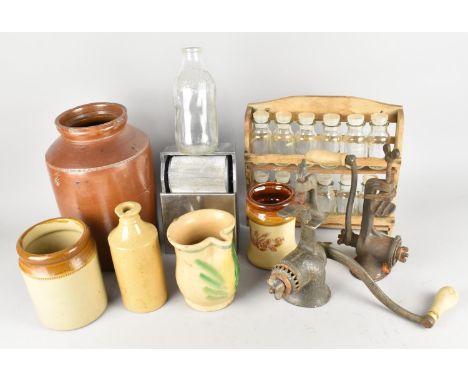 A Collection of Various Vintage and Later Kitchinelia to Comprise Glazed Stonewares, Spice Rack, Mincers etc