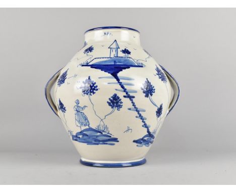 An Italian Cantagalli Blue and White Two Handled Vase, 27cms High