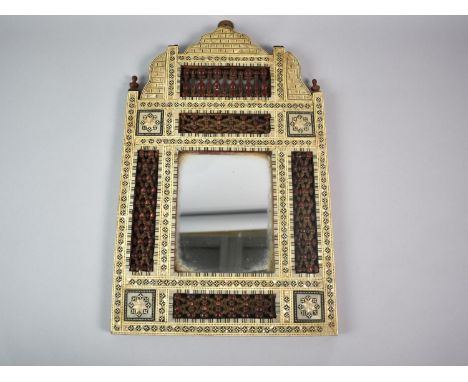 A Modern Indian Mother of Pearl Inlaid Wall Mirror of Architectural Form, 45cms High and 28cms Wide