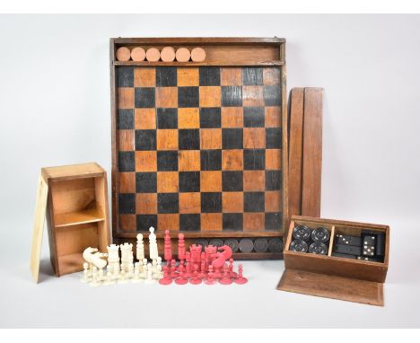 A Vintage Wooden Chess Board with Sliding Lidded Piece Containers together with a Bone Barleycorn Red and White Chess Set, Ki