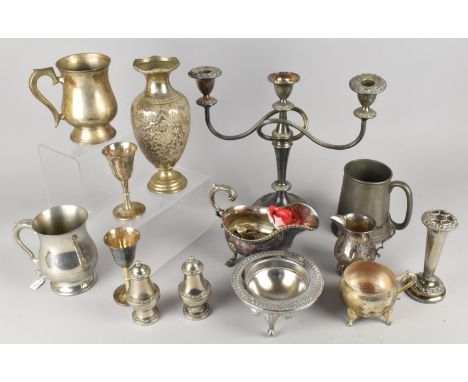 A Collection of Various Metalwares to Comprise Silver Plate Three Branch Candelabra (Missing One Fitting), Sauce Boat, Tankar