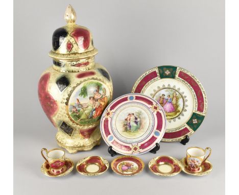 A Large Royal Vienna Lidded Vase (Finial Glued) Transfer Printed Vase and Cover Together with Royal Vienna Coffee Cans and Sa