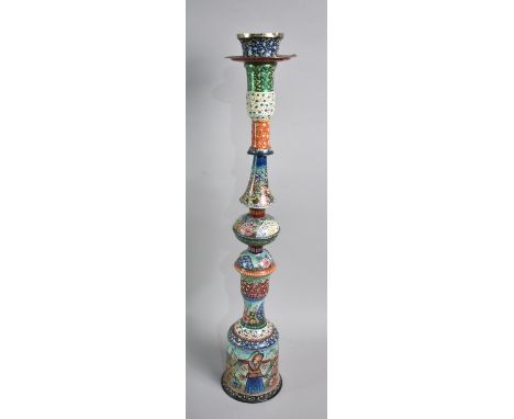 A Tall Kashmiri Type Candlestick/Censer with Multi-coloured Decoration on Metal, 62cms High