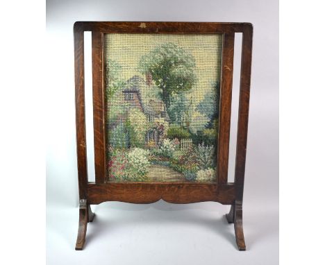 An Edwardian Oak Framed Tapestry Fire Screen, 72cms High