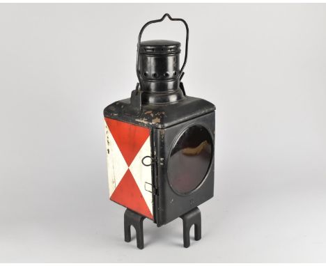 A German Reichsbahn Railway Lantern with Red and Plain Glass, Original Burner, 50cms High