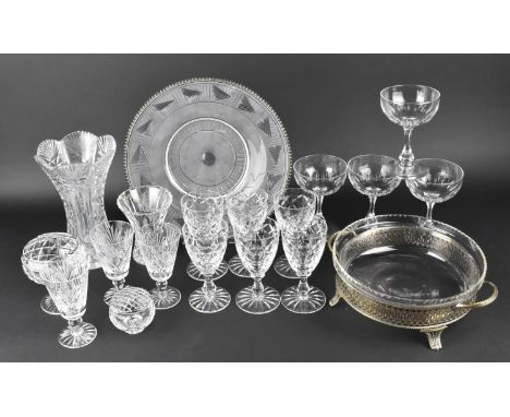 A Collection of Various Glassware to Comprise Early/Mid 20th Century Etched Frosted Glass Plate with Reeded Metal Mount, Drin