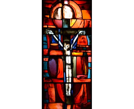 An English abstract stained glass panel, post-1945, in the manner of Patrick Reyntiens, rectangular form with leaded panes de