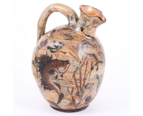 Martin Brothers, a large stoneware flask, 1887, incised with grotesque fish and other aquatic creatures, incised 'R.W. Martin