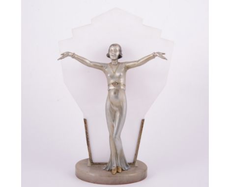 Josef Lorenzl, attributed, a figural lamp base, silvered art metal, perspex and alabaster, with female figure standing in fro