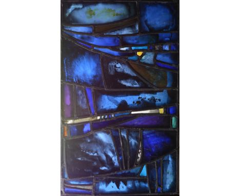 An English abstract stained glass panel, post-1945, in the manner of Patrick Reyntiens, rectangular form, housed in a wooden 