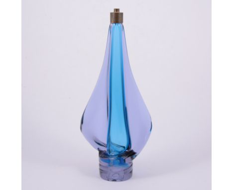 Murano, a Sommerso glass lamp base, flattened form with flared spiral extending from the cylindrical base, cased blue in clea