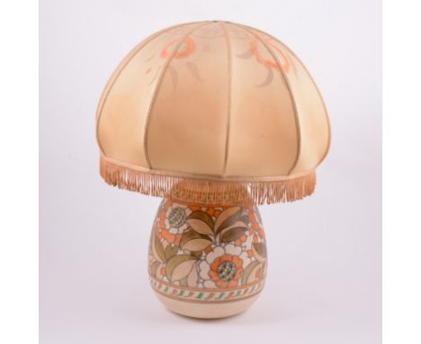 Charlotte Rhead for Crown Ducal, 'Tudor Rose' a lamp base and original matching silk shade, the base of swollen form, total h
