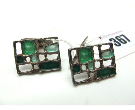 Karl Jorgen Otteren for David Andersen; A Pair of Modernist Cufflinks, of openwork design, highlighted in green enamel, on sw