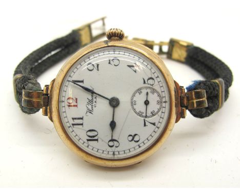 Waltham U.S.A; A Vintage 9ct Gold Cased Wristwatch, the signed dial (cracked) with black and red Arabic numerals and seconds 