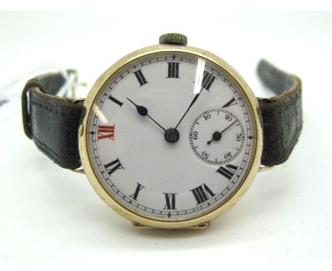 A Vintage 9ct Gold Cased Wristwatch, the white dial with black and red Roman numerals and seconds subsidiary dial, within pla