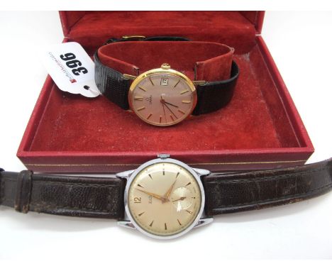 Omega; A 9ct Gold Cased Gent's Wristwatch, the signed dial with line markers, centre seconds and date aperture, the movement 