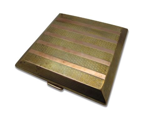A 9ct Two Colour Gold Engine Turned Cigarette Case, of square form with stripe decoration, inscribed "T.L.Counsell", 9cm wide