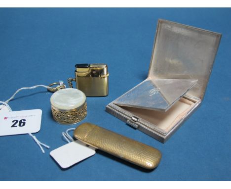 A Hallmarked Silver Powder Compact, allover engine turned; a brass type needle case etc