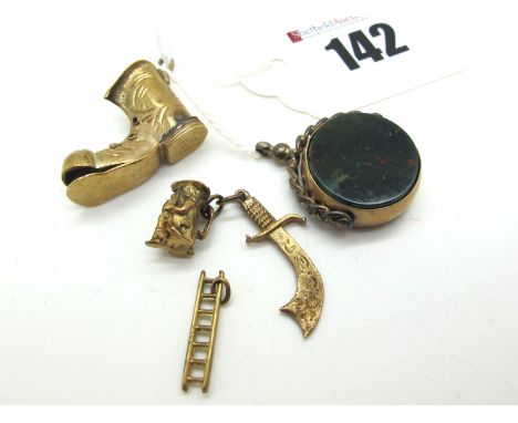 A Novelty 9ct Gold Boot Charm Pendant; A Miniature Toby Jug Charm Pendant, stamped "375"; A 9ct Gold Mounted Hardstone Inset 