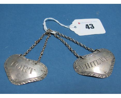 A Pair of Part Hallmarked Silver Decanter Labels, possibly Thomas Heming, "White Wine" and "Port", each on chain suspension. 