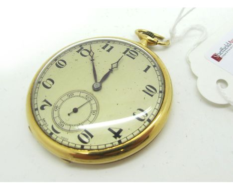 A Slim Vintage 18ct Gold Cased Openface Pocketwatch, the circular dial with Arabic numerals and seconds subsidiary dial, with