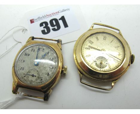 A Vintage 9ct Gold Cased Wristwatch Head, (no strap) the chequer board textured dial with black Arabic numerals and seconds s