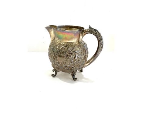 Antique hallmarked 1891 London sterling silver, ornate cream jug  w/ blank cartouche, paw feet  maker - Horace Woodward &amp;