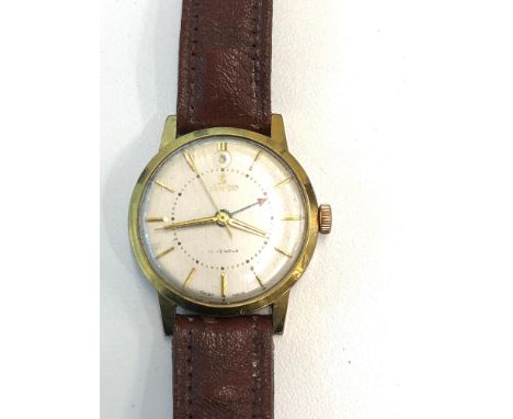 Vintage gents Lanco gold tone alarm wristwatch hand-wind working (No warranty given) w/ 17 jewels, alarm set window at 12 o'c