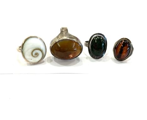 4 x Vintage .925 sterling silver rings inc. tigers eye, bloodstone (32g) 