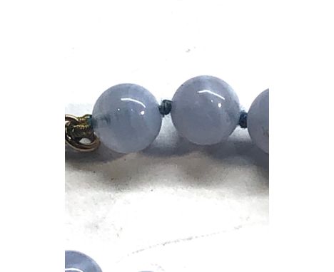 vintage 9ct gold clasp blue lace agate bead necklace good condition measures approx 47cm lond each bead measures approx 8mm d