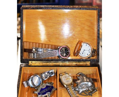 SOUVENIR BOX WITH VARIOUS VINTAGE WRIST WATCHES, DECANTER LABELS &amp; GOLD PLATED POCKET WATCH     