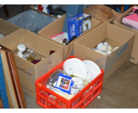 VARIOUS BOXES WITH MIXED CERAMICS &amp; GLASS WARE, ASSORTED TEA WARE, VARIOUS CAKE PLATES, DISHES, ORNAMENTS, WALLY DOGS, CR