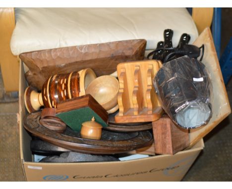 BOX WITH ASSORTED WOODEN WARE, NOVELTY LAMP ETC     