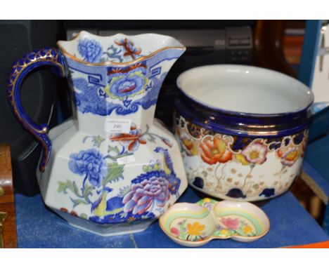 LARGE MASONS POTTERY JUG, CLARICE CLIFF STYLE DIVISION DISH &amp; PORCELAIN PLANTER     