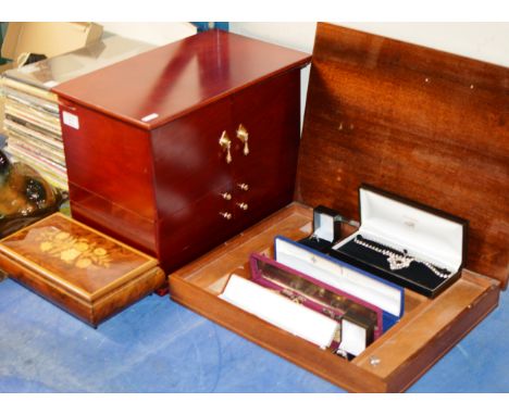 JEWELLERY CHEST &amp; 2 JEWELLERY BOX WITH ASSORTED COSTUME JEWELLERY, SILVER-GILT CHAINS, TENNIS STYLE BRACELETS, DRESS RING