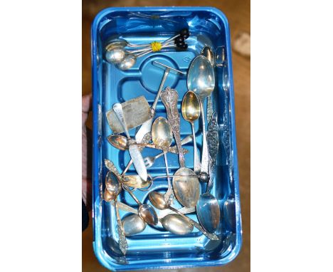 BOX WITH ASSORTED SILVER WARE, VARIOUS SPOONS, PICKLE FORK ETC     