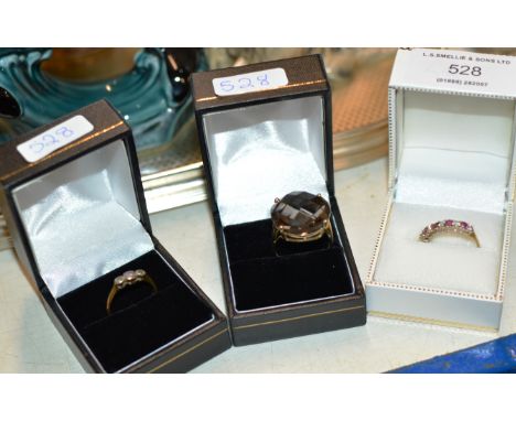 9 CARAT GOLD TRIPLE DIAMOND RING &amp; 2 OTHER 9 CARAT GOLD RINGS - APPROXIMATE COMBINED WEIGHT = 10.6 GRAMS     